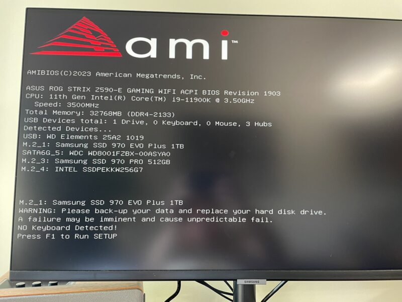 AMI bios boot error screen showing the message "Samsung SSD 970 EVO Plus 1 TB WARNING: Please back-up your data and replace your hard disk drive. A failure may be imminent and cause unpredictable fail. 